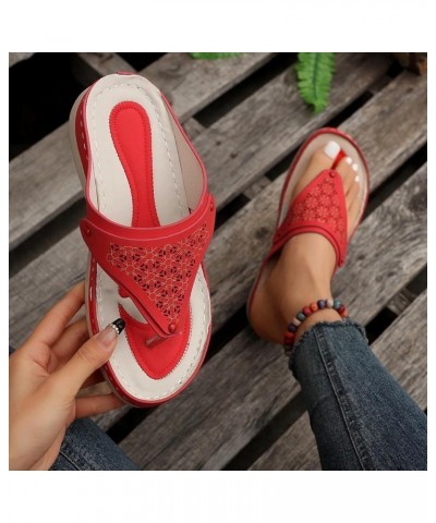 Women's Bow Knot Hollow Thick Sole Clip Toe Herringbone Slippers Wearing Beach Sandals and Slippers on the Outside Red $8.81 ...