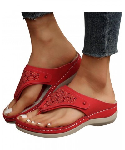 Women's Bow Knot Hollow Thick Sole Clip Toe Herringbone Slippers Wearing Beach Sandals and Slippers on the Outside Red $8.81 ...