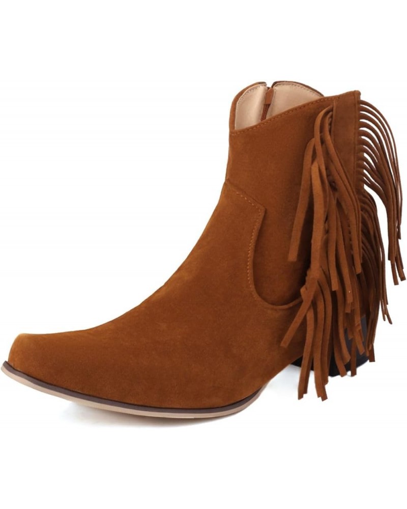 Suede Fringe Ankle Cowgirl Boots Chunky Heel Snip Toe Zip Up Cowboy Boots Brown $23.59 Boots