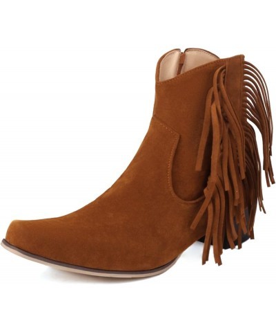 Suede Fringe Ankle Cowgirl Boots Chunky Heel Snip Toe Zip Up Cowboy Boots Brown $23.59 Boots