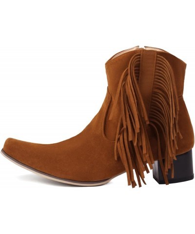 Suede Fringe Ankle Cowgirl Boots Chunky Heel Snip Toe Zip Up Cowboy Boots Brown $23.59 Boots