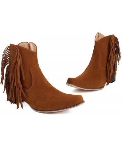 Suede Fringe Ankle Cowgirl Boots Chunky Heel Snip Toe Zip Up Cowboy Boots Brown $23.59 Boots