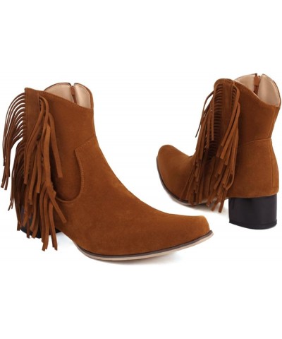 Suede Fringe Ankle Cowgirl Boots Chunky Heel Snip Toe Zip Up Cowboy Boots Brown $23.59 Boots