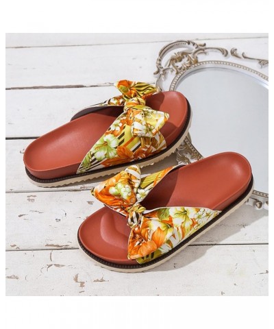 Ladies Fashion Floral Print Bow Fabric Beach Open Toe Flat Casual Slippers Summer Slippers Women (Red, 8) Orange 7.5 $19.90 S...