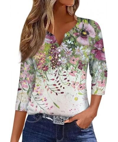 3/4 Sleeve Tops for Women Summer 4th of July Blouses V Neck Button Down T Shirts Fashion Relaxed Fit Clothes 2-multicolor $10...