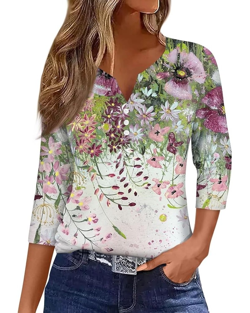 3/4 Sleeve Tops for Women Summer 4th of July Blouses V Neck Button Down T Shirts Fashion Relaxed Fit Clothes 2-multicolor $10...