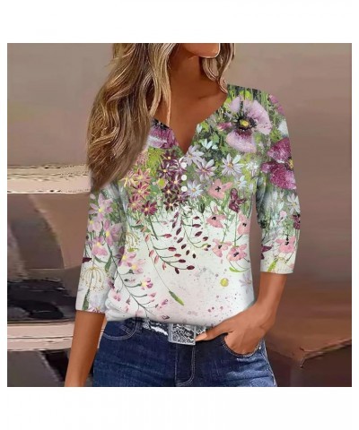 3/4 Sleeve Tops for Women Summer 4th of July Blouses V Neck Button Down T Shirts Fashion Relaxed Fit Clothes 2-multicolor $10...