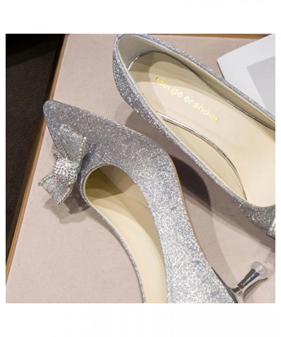 Fashion Rhinestone Bow Prom Stiletto Pumps for Woman Lightweight Closed Pointed Toe Sparkly Sequins Slip-on Mid Heeled Party ...