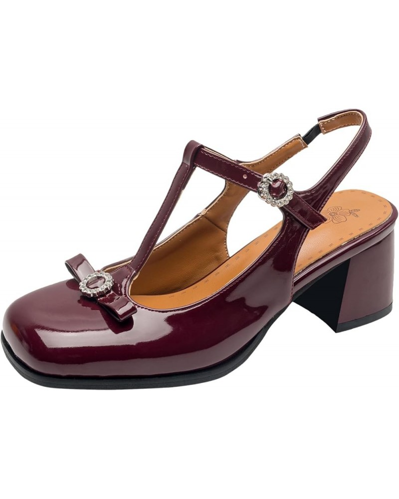 Women Ankle T-Strap Sandals with Square Toe and Chunky Heels Wine Red $31.97 Sandals