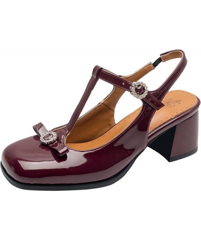 Women Ankle T-Strap Sandals with Square Toe and Chunky Heels Wine Red $31.97 Sandals