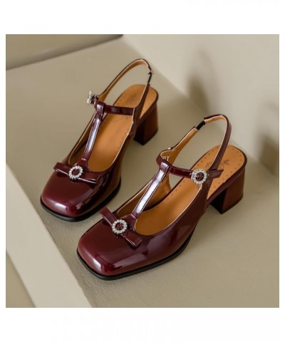 Women Ankle T-Strap Sandals with Square Toe and Chunky Heels Wine Red $31.97 Sandals