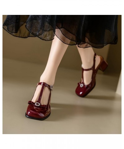 Women Ankle T-Strap Sandals with Square Toe and Chunky Heels Wine Red $31.97 Sandals