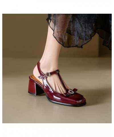 Women Ankle T-Strap Sandals with Square Toe and Chunky Heels Wine Red $31.97 Sandals