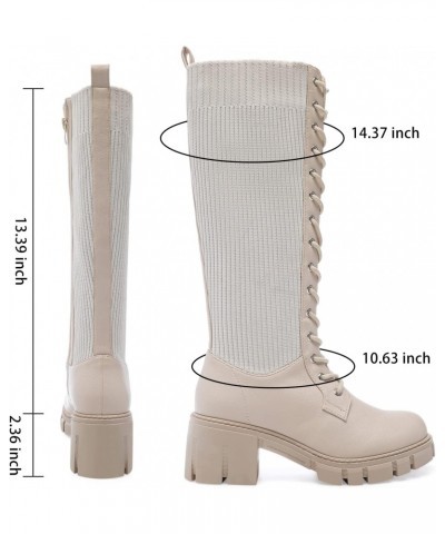 Women's Knee High Platform Boots Leather Knitting Stitching Lace Up Combat Booties Mid-Calf Boots with Side Zipper $31.84 Boots