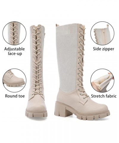 Women's Knee High Platform Boots Leather Knitting Stitching Lace Up Combat Booties Mid-Calf Boots with Side Zipper $31.84 Boots