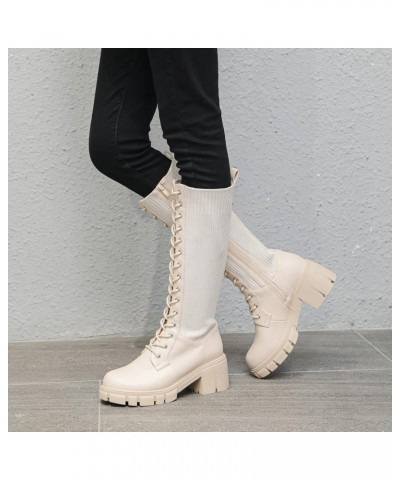 Women's Knee High Platform Boots Leather Knitting Stitching Lace Up Combat Booties Mid-Calf Boots with Side Zipper $31.84 Boots