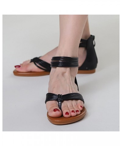 Women's Solid Strappy Flat Top Shoes Fashion Breathable Open Toe Thong Sandals with Back Zipper Casual Bohemian Beach Sandals...