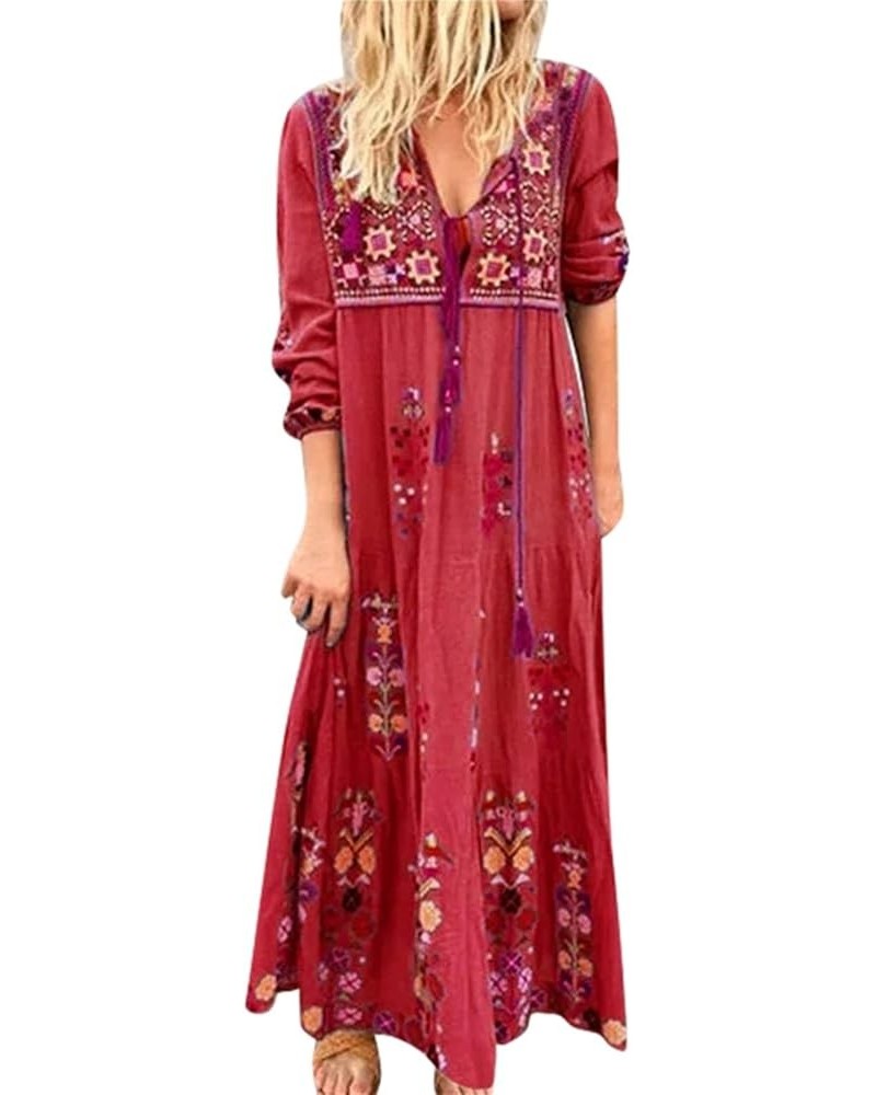 Print Dress Maxi Long V Boho Up Party Dress Lace Sleeve Size Plus Neck Women Women's Dress Plus Short Dresses for Red $14.89 ...