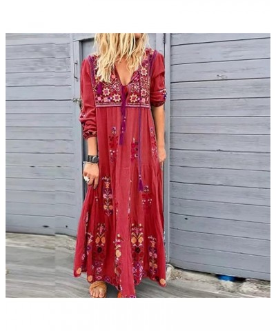 Print Dress Maxi Long V Boho Up Party Dress Lace Sleeve Size Plus Neck Women Women's Dress Plus Short Dresses for Red $14.89 ...