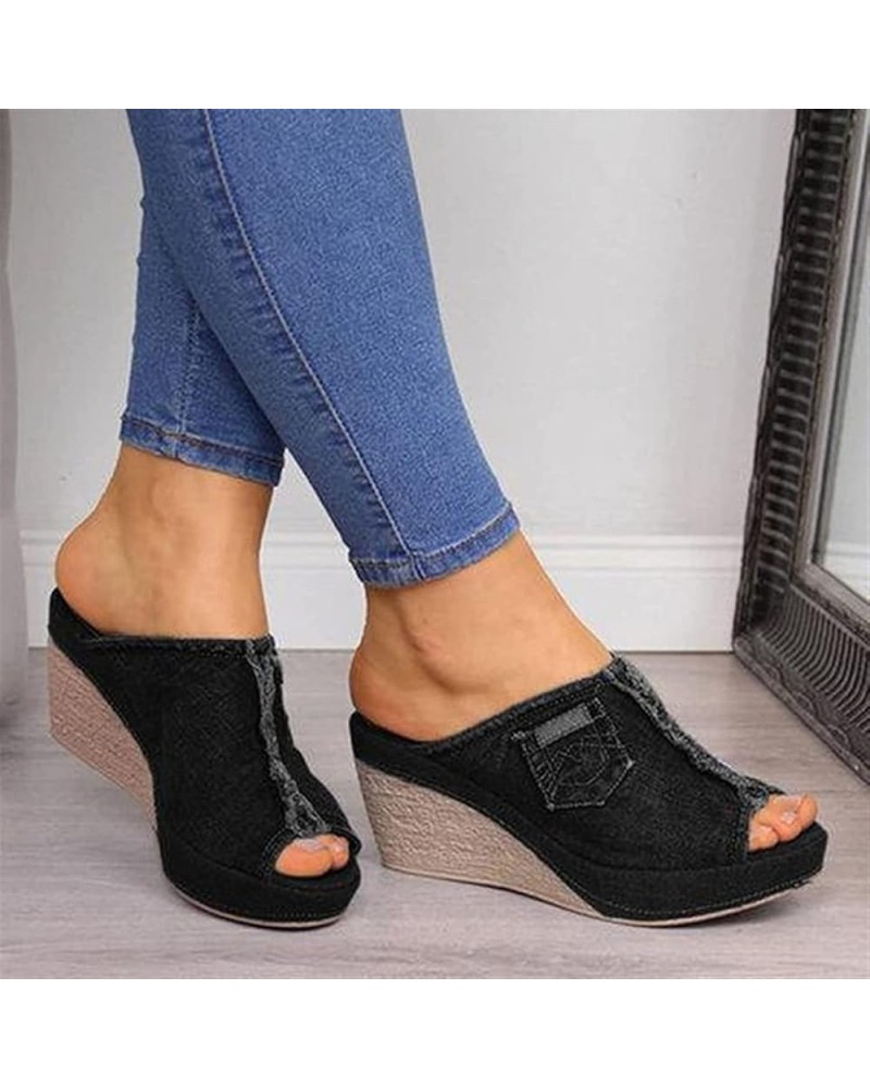 Women's Denim Wedges Slippers Open Toe Platform Breathable Fashion Shoes Lightweight Slingback Easy to Wear Take Off Non-Slip...