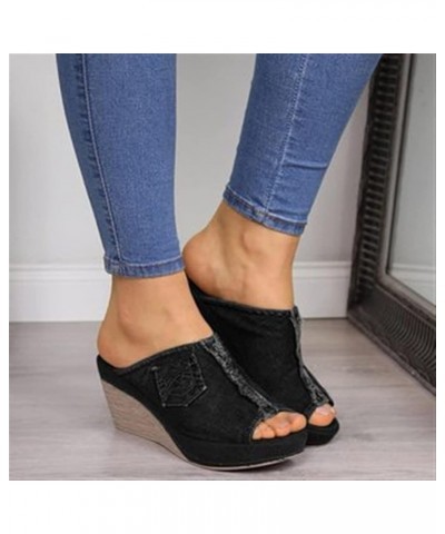 Women's Denim Wedges Slippers Open Toe Platform Breathable Fashion Shoes Lightweight Slingback Easy to Wear Take Off Non-Slip...