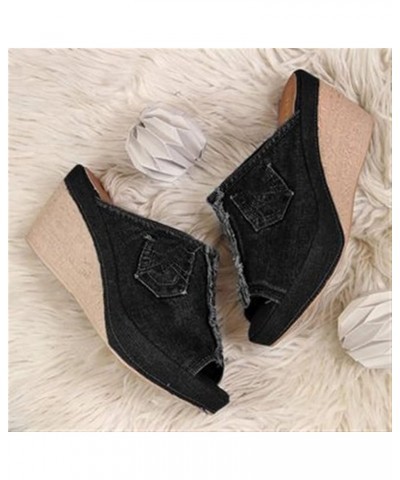 Women's Denim Wedges Slippers Open Toe Platform Breathable Fashion Shoes Lightweight Slingback Easy to Wear Take Off Non-Slip...