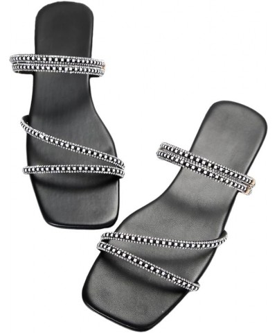 Women's Trendy Rhinestone Sparkly Flat Sandals Strappy Slip on Open Toe Slide Sandals Black $16.19 Sandals