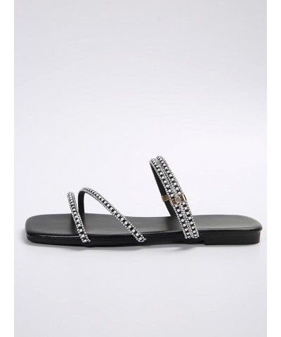 Women's Trendy Rhinestone Sparkly Flat Sandals Strappy Slip on Open Toe Slide Sandals Black $16.19 Sandals