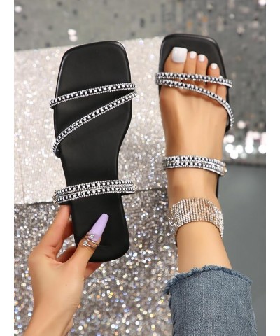 Women's Trendy Rhinestone Sparkly Flat Sandals Strappy Slip on Open Toe Slide Sandals Black $16.19 Sandals