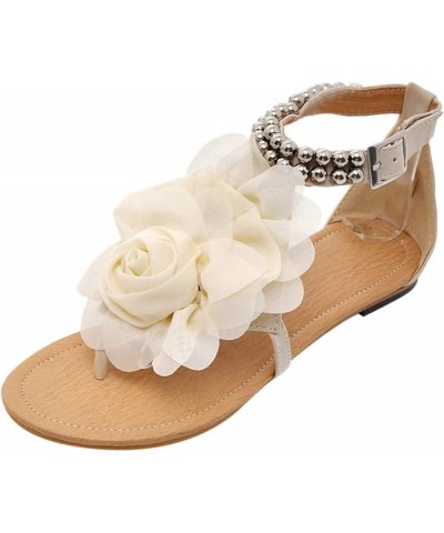 Buckle Summer Shoes Flat Strap Bohemian Style String Flower Women Flat Sandals for Women Ladies Summer Dress (White, 7.5) Whi...