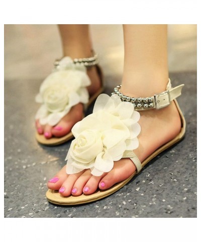 Buckle Summer Shoes Flat Strap Bohemian Style String Flower Women Flat Sandals for Women Ladies Summer Dress (White, 7.5) Whi...