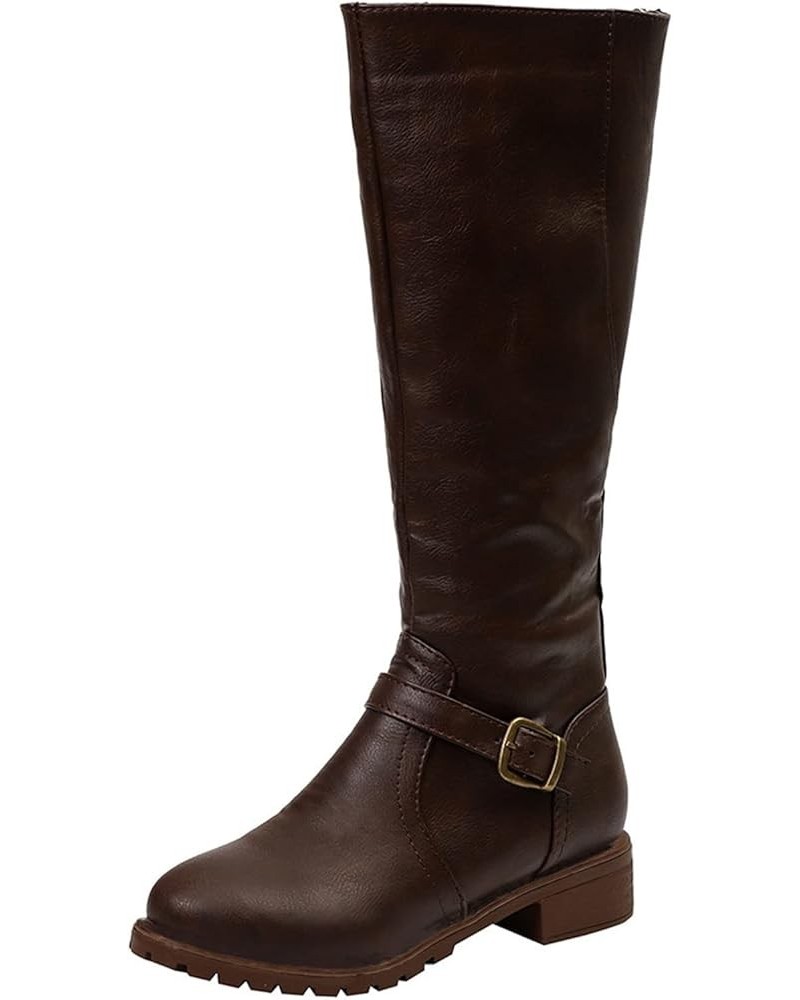 Cowboy Boots for Women, Womens Flat Knee-High Moto Boots Zipper Pull-On Round Toe Leather Buckle Boots Fashion Shoes Brown $2...