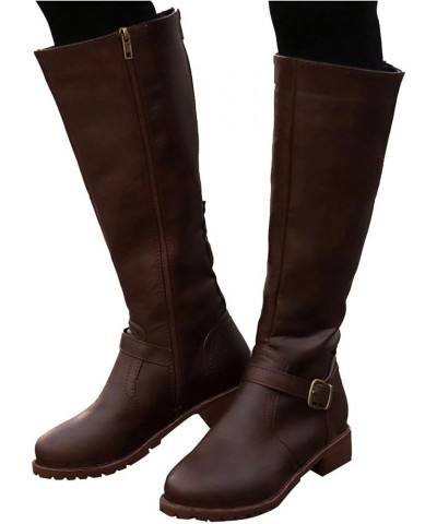 Cowboy Boots for Women, Womens Flat Knee-High Moto Boots Zipper Pull-On Round Toe Leather Buckle Boots Fashion Shoes Brown $2...