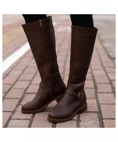 Cowboy Boots for Women, Womens Flat Knee-High Moto Boots Zipper Pull-On Round Toe Leather Buckle Boots Fashion Shoes Brown $2...