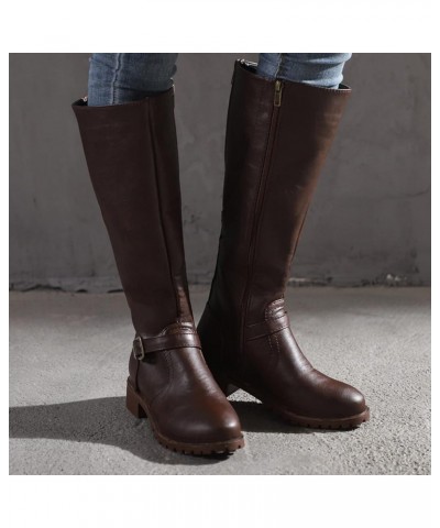 Cowboy Boots for Women, Womens Flat Knee-High Moto Boots Zipper Pull-On Round Toe Leather Buckle Boots Fashion Shoes Brown $2...