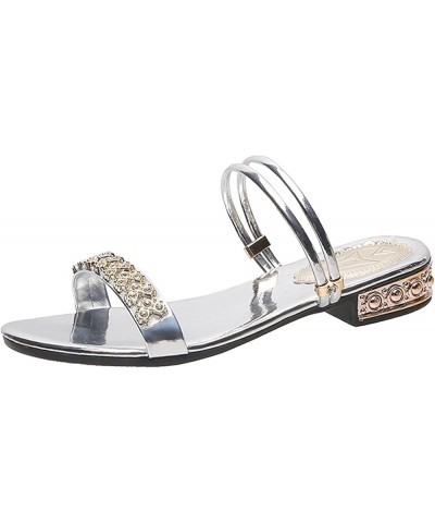 Beach Sandals for Women Dressy Summer Low Heel Rhinestone Sandal Slip on Adjustable Strap Open Toe Slide Sandals Casual Vacat...