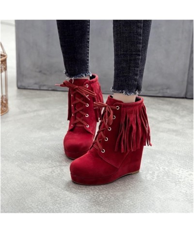 Lace-up Booties Women's Retro Fringed Ankle Boots Wedge Heel Suede Ankle Boots Autumn Winter Casual Short Boots Women Elegant...