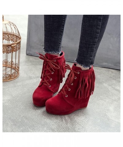 Lace-up Booties Women's Retro Fringed Ankle Boots Wedge Heel Suede Ankle Boots Autumn Winter Casual Short Boots Women Elegant...