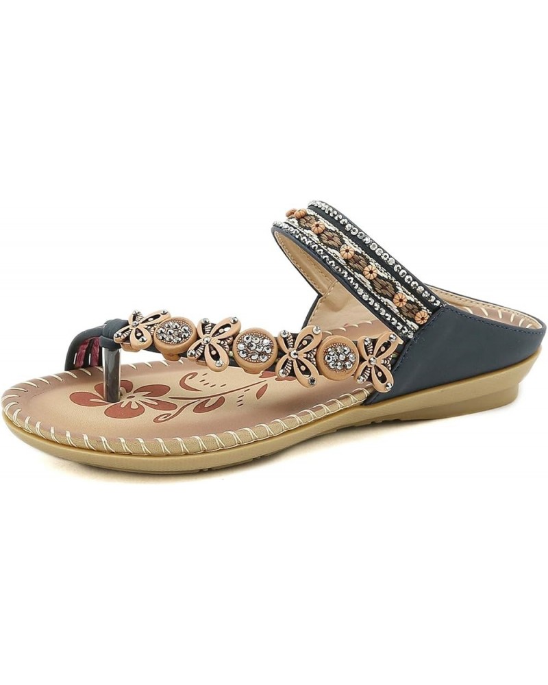 Women's Flower Rhinestone Flat Sandals Outdoor Open-Toe Beach Flip Flops Blue $14.50 Sandals