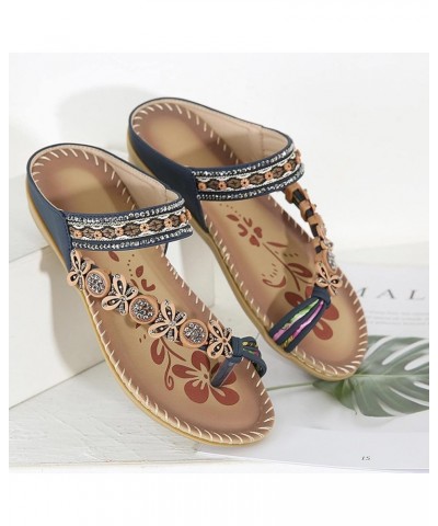 Women's Flower Rhinestone Flat Sandals Outdoor Open-Toe Beach Flip Flops Blue $14.50 Sandals