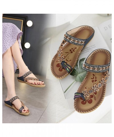 Women's Flower Rhinestone Flat Sandals Outdoor Open-Toe Beach Flip Flops Blue $14.50 Sandals