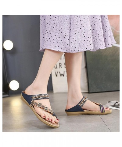 Women's Flower Rhinestone Flat Sandals Outdoor Open-Toe Beach Flip Flops Blue $14.50 Sandals