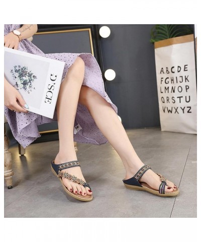 Women's Flower Rhinestone Flat Sandals Outdoor Open-Toe Beach Flip Flops Blue $14.50 Sandals