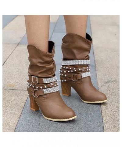 NANFAN Women Vintage Pleated Ankle Boots Fashion Thick Heel Western Cowboy Prom Shoes Cowgirl Style Short Boots,Brown-41 41 B...