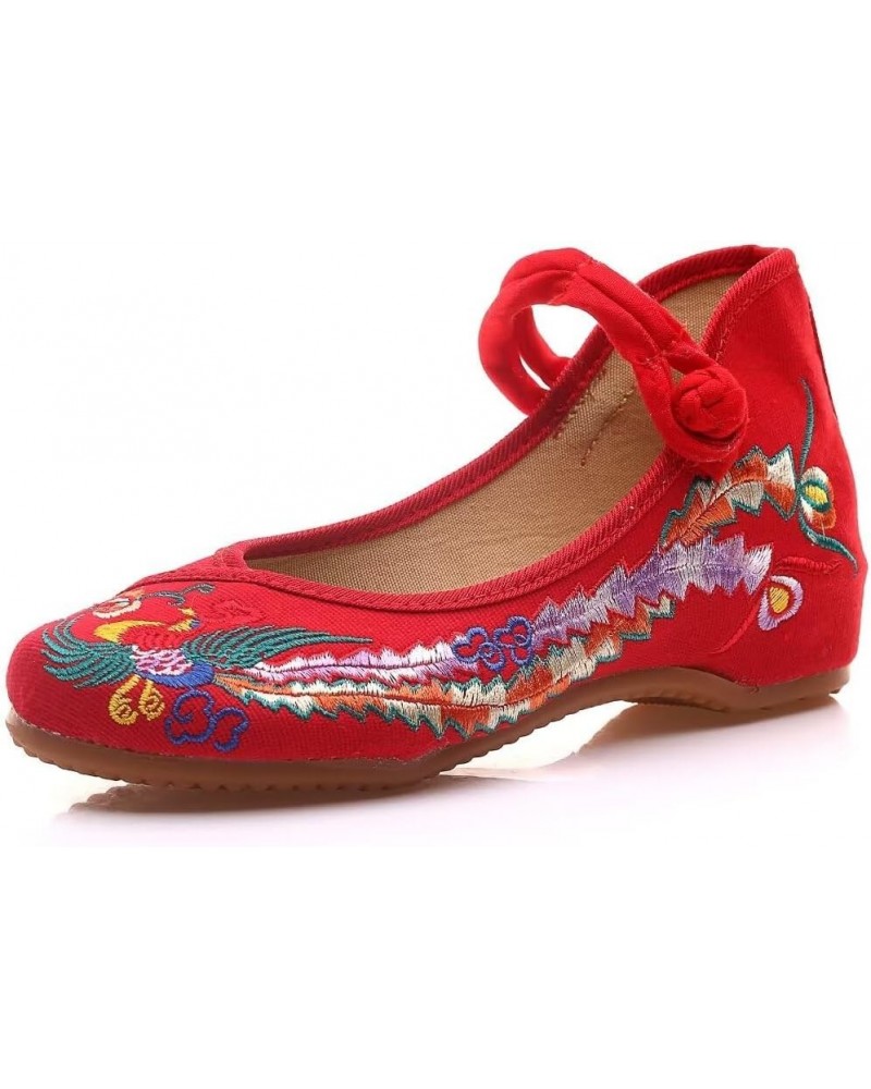 Women's Floral Embroidered Vintange Buckle Flat Shoes Round Toe Dress Mary Jane Shoes Y Red $12.00 Flats