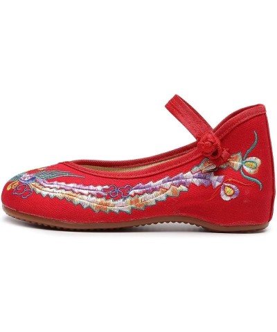 Women's Floral Embroidered Vintange Buckle Flat Shoes Round Toe Dress Mary Jane Shoes Y Red $12.00 Flats