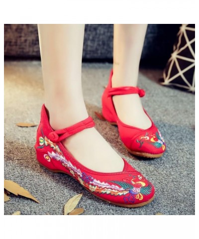 Women's Floral Embroidered Vintange Buckle Flat Shoes Round Toe Dress Mary Jane Shoes Y Red $12.00 Flats