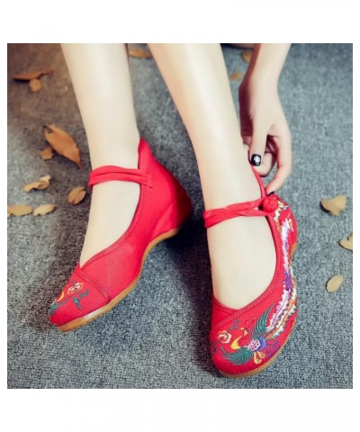 Women's Floral Embroidered Vintange Buckle Flat Shoes Round Toe Dress Mary Jane Shoes Y Red $12.00 Flats