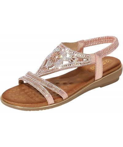 Women Wedge Sandals Sandals For Womens Studded Crystal Shoes Wedges Elastic Strap Roman Sandals platform wedge Z 11-pink $18....