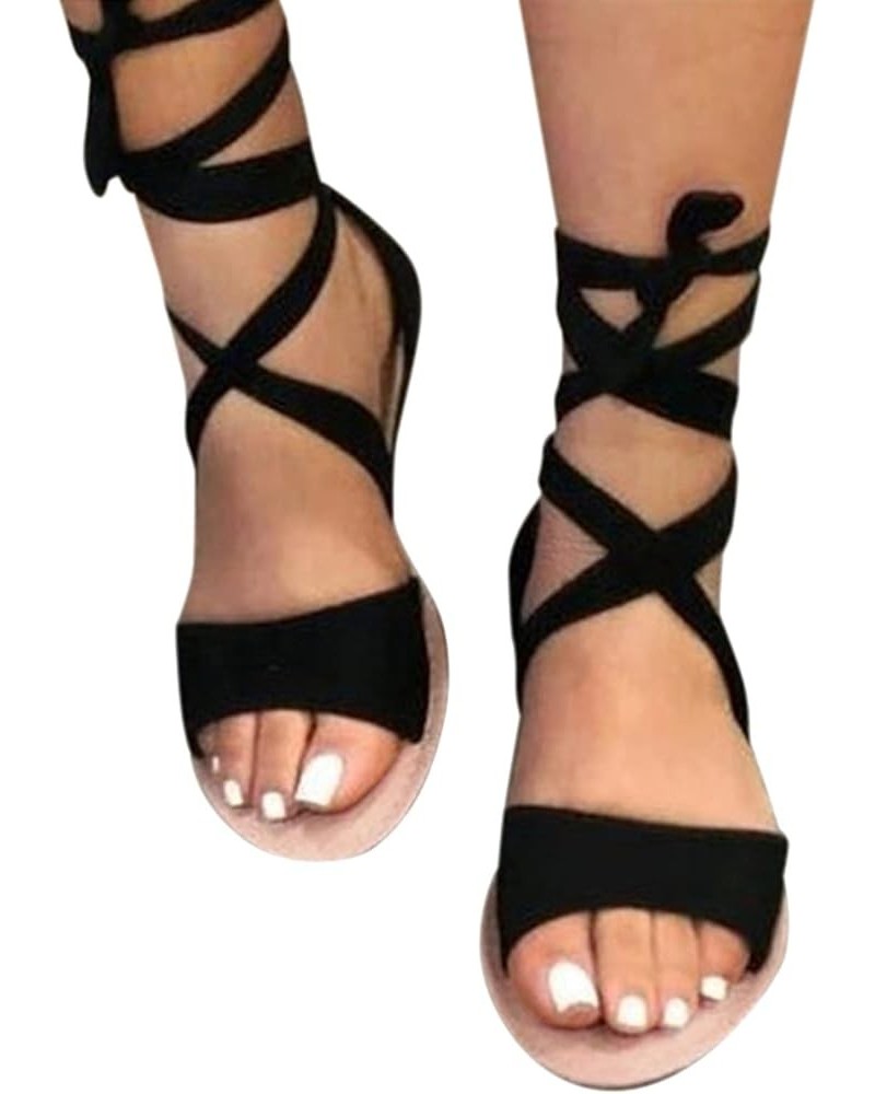 Sandals Women Dressy Summer Flat,Womens Tie Lace Up Open Toe Ankle Strap Flat Flip Flops Non Slip Roman Flat Sandals Black $1...